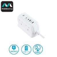 Masterplug SRGDU42MW2 4位連2位USB充電背靠背設計拖板 2米 防雷保護