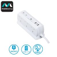 Masterplug SRGDU62MW2 6位連2位USB充電背靠背設計拖板 2米 防雷保護