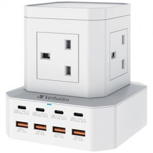 Verbatim 66959 白色 4個AC插座 + 8端口 65W PD & QC 3.0 拖板 2米電源線